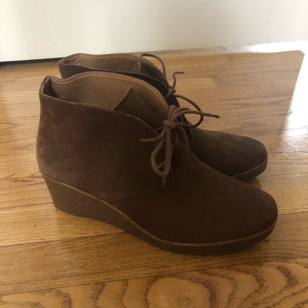Lucky Brand brown lace up ankle wedge boots